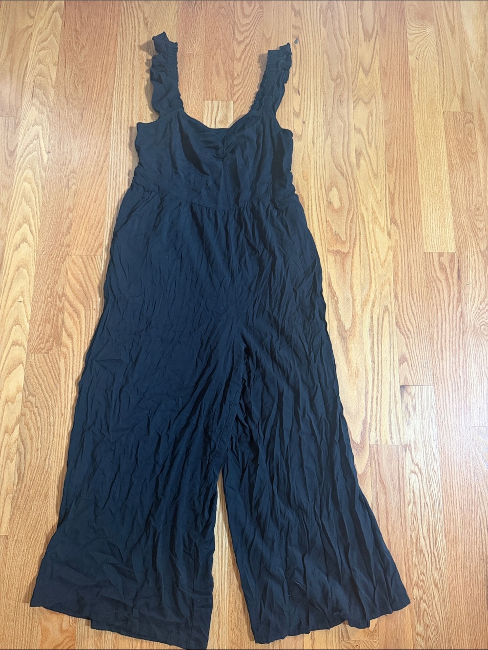 Women's Black Wide-Leg Jumpsuit with Ruffle Straps